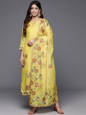 Varanga Women Round Neck Floral Printed Embroidered Kurta Paired With Solid Bottom And Dupatta